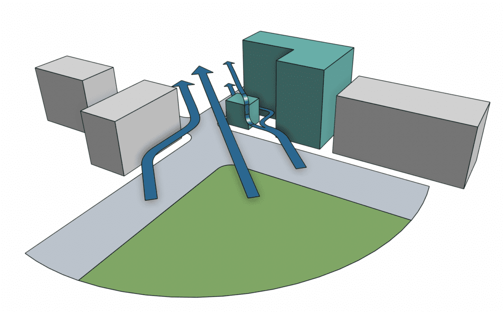 3D schematic of a modified site layout with plaza, walkways and two buildings