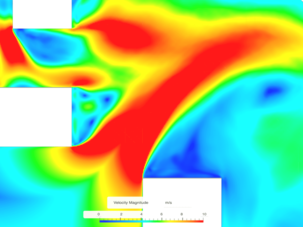 Wind speed results from a CFD analysis showing the channeling effect for the baseline scenario