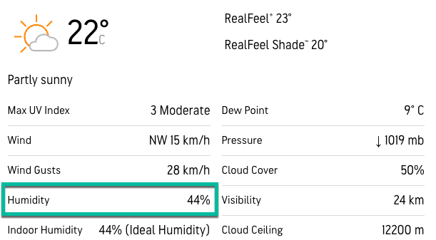 weather report highlighting humidity level