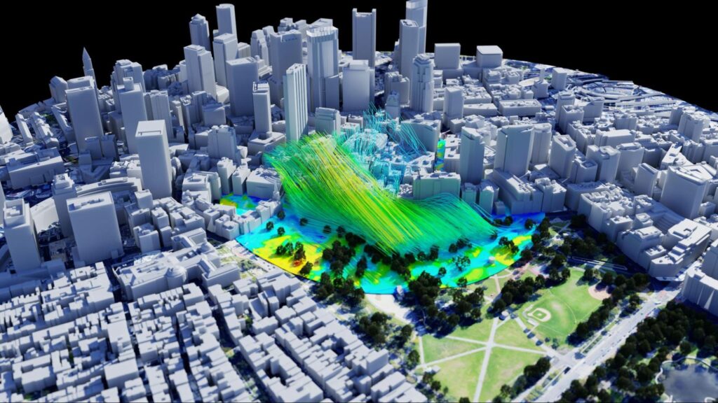 wind simulation CFD results visualized in color in a city model in NVIDIA Omniverse™