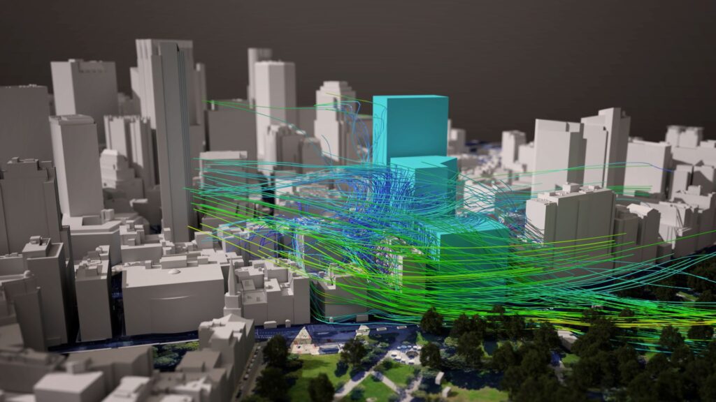 wind streamlines visualized between urban buildings in NVIDIA Omniverse™