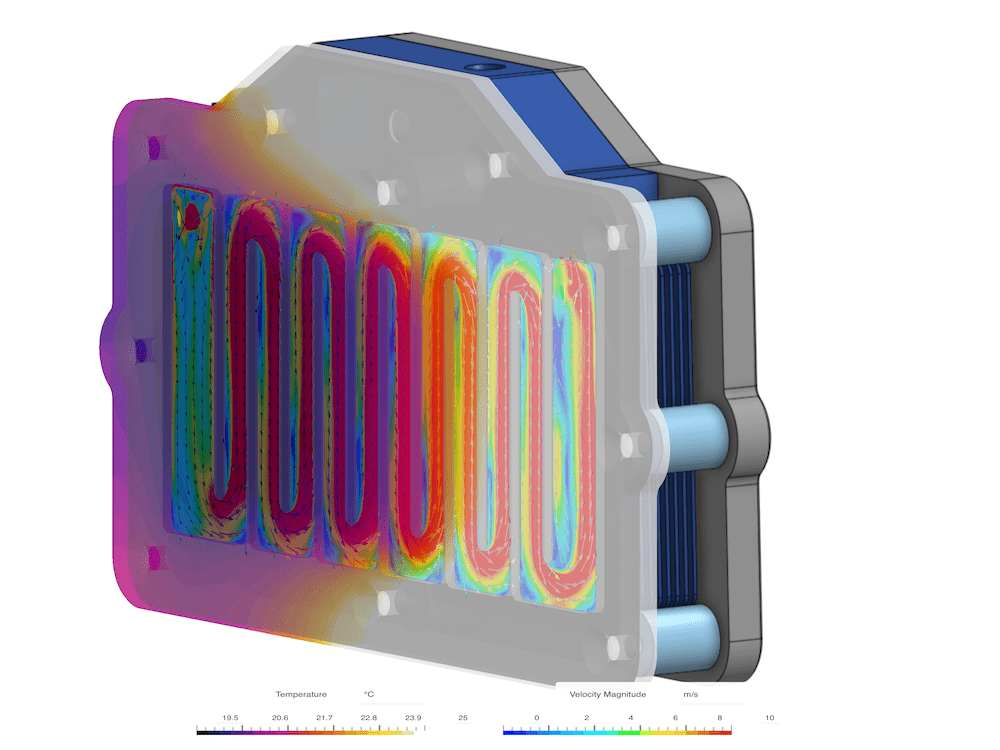 Hydrogen fuel cell simulation of a cooling plate serpentine design in SimScale