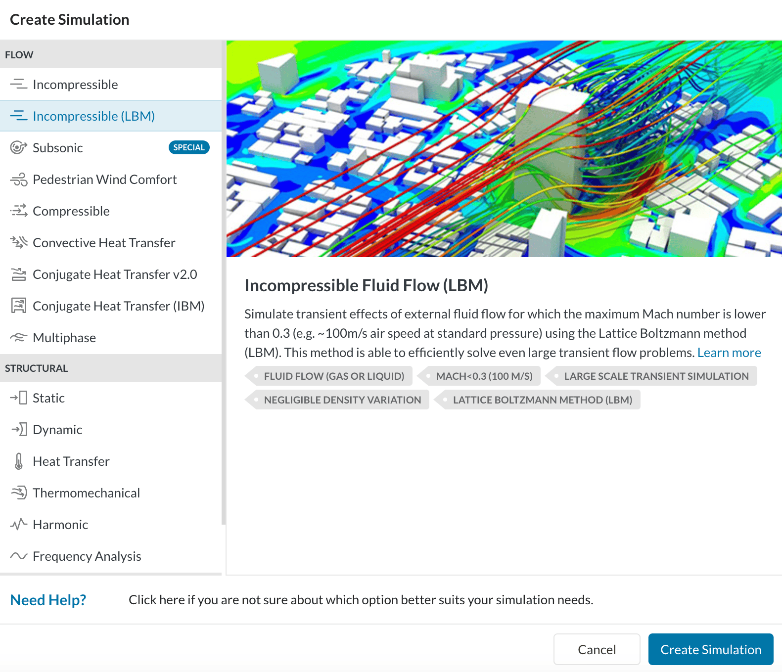 SimScale's analysis type window showing the Incompressible Fluid Flow (LBM) in selection