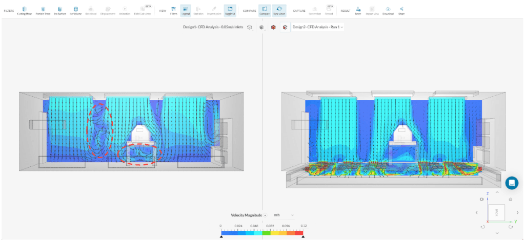 SimScale simulation images of cleanroom design variants showing flow distribution in compare mode