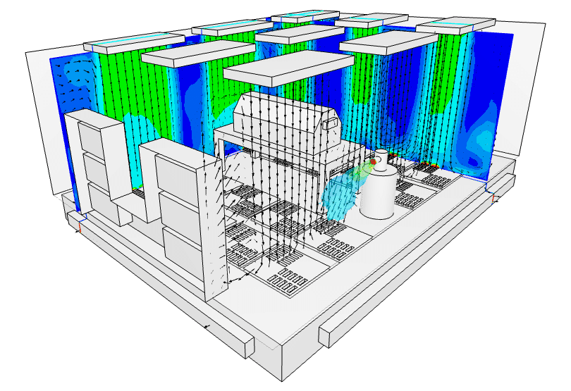 A SimScale simulation of a cleanroom environment showing flow distribution