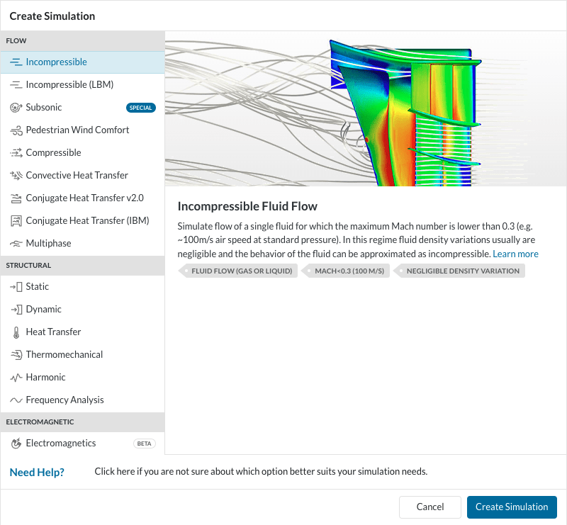 SimScale analysis type library showing the different selections of analysis types