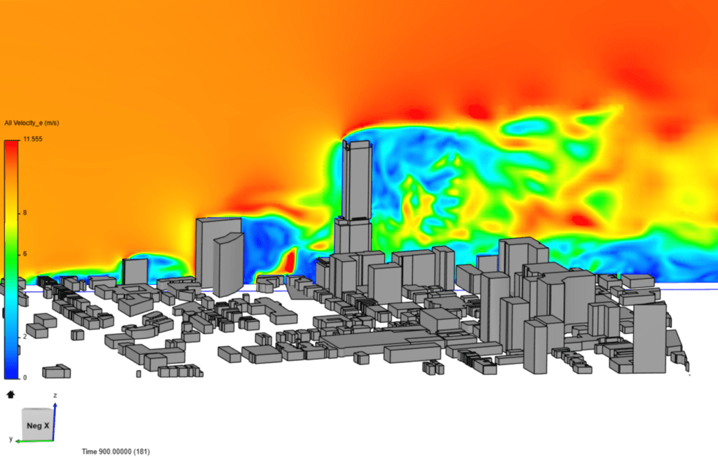LBM simulation results of wind speed around the Four Seasons building in Toronto