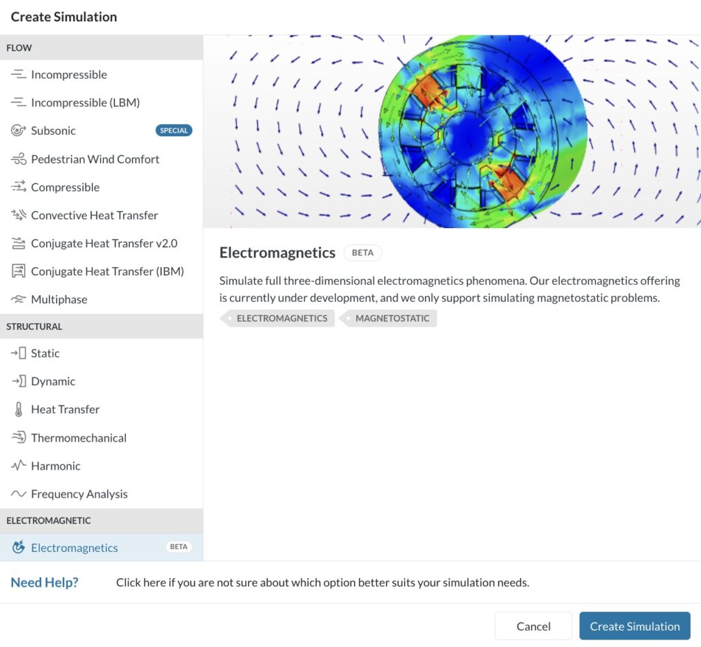 SimScale's analysis types window with the Electromagnetics simulation type selected