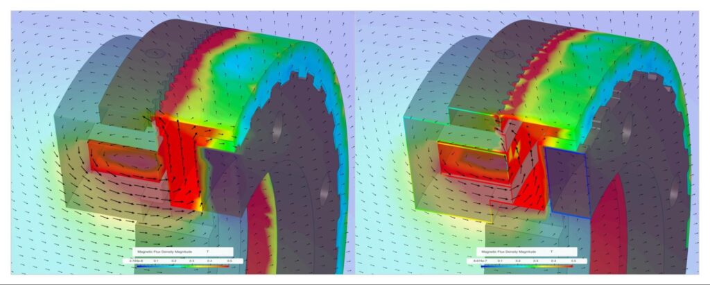 SimScale simulation image of an electromagnetic toothed brake in its disengaged and engaged states