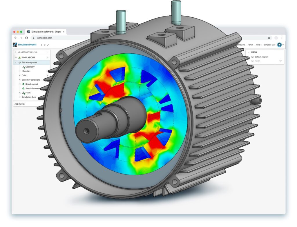 An electric motor with a superimposed electromagnetics simulation result overlaid on a SimScale workbench in a web browser
