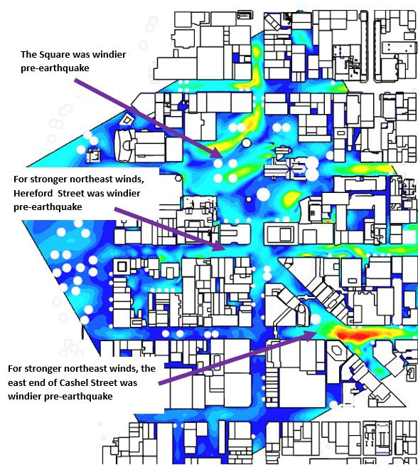 pedestrian wind comfort results of main central business district (before earthquake)
