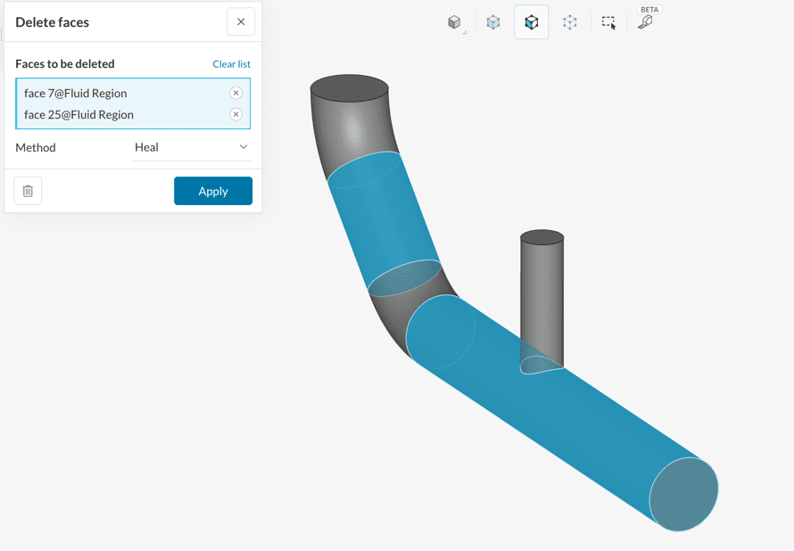Delete face operation in CAD mode with healing methods