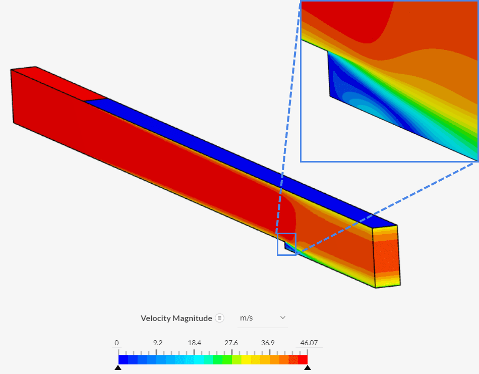 velocity as observed in the simscale postprocessor showing the flow reattachment region 