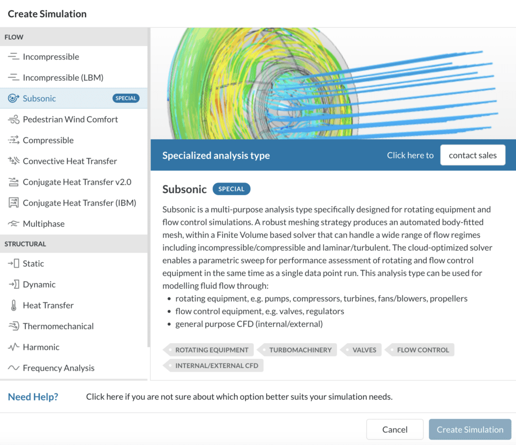 SimScale analysis type selection window highlighting the subsonic analysis