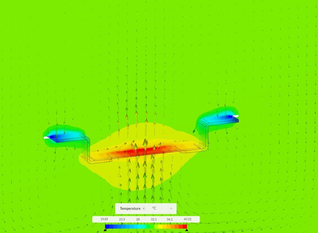 heat transfer simulation showing higher temperatures in red