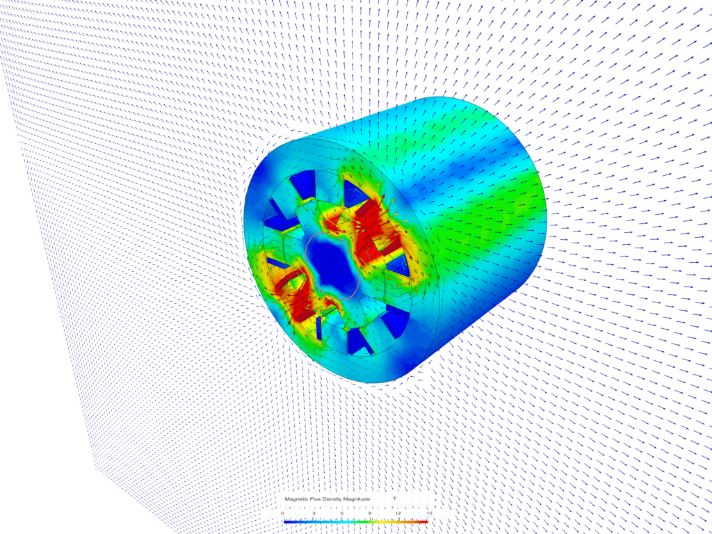 Magnetic flux density magnitude distribution of an electric motor in SimScale's electromagnetics simulation software