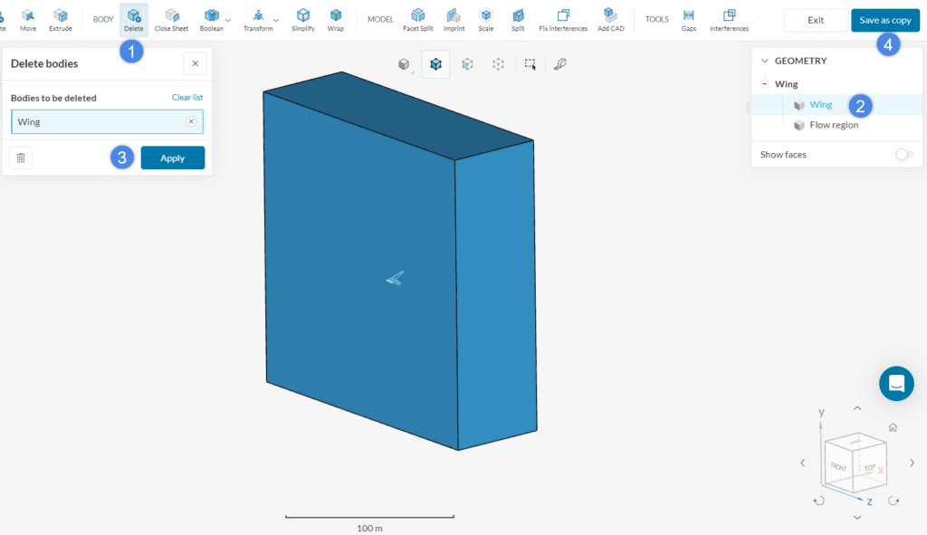 deleting a part in simscale cad mode