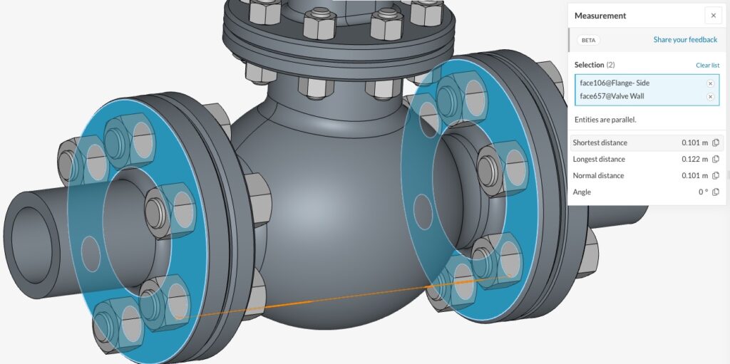 This is a globe valve and an orange line shows the currently highlighted measurement between two of it’s surfaces.