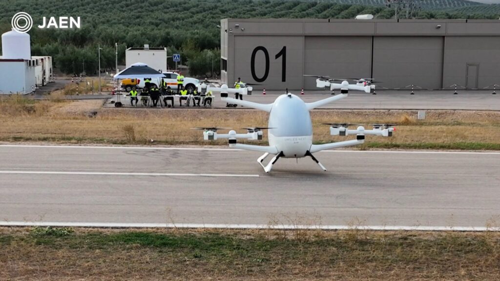 Concept Integrity air taxi undergoing flight testing at an airfield in Spain