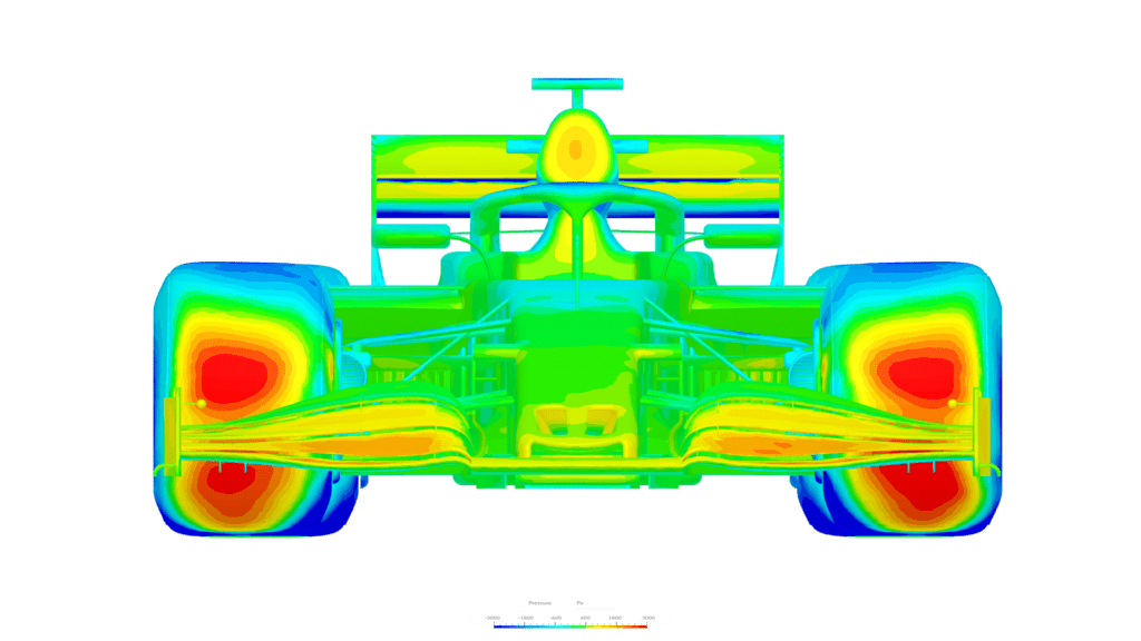 CFD image in SimScale of the frontal pressure distribution on a trail car while drafting