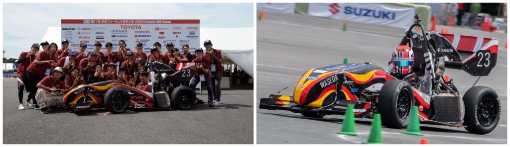 (left) A formula student team standing behind their competition car; (right) a competition car going around a track