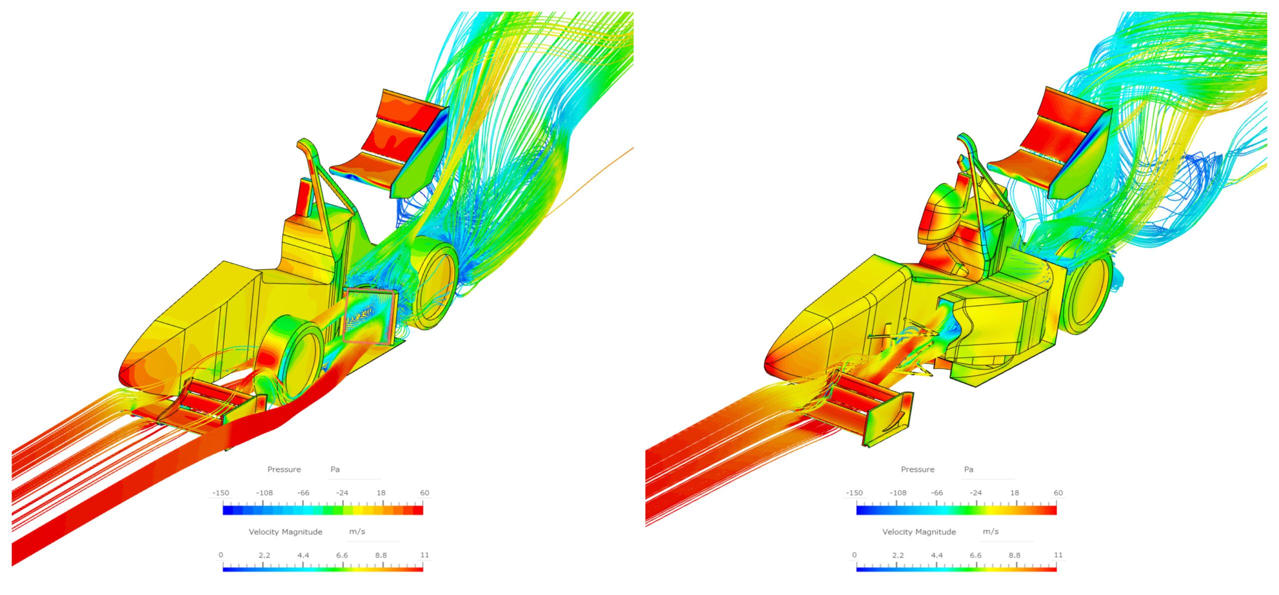 Pressure and velocity contours in SimScale on the initial and final designs of a formula-design race car