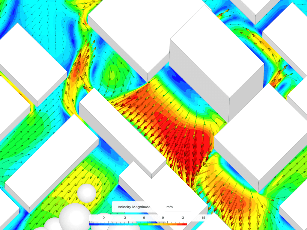 A CFD plot in SimScale showing the wind speed in an urban area