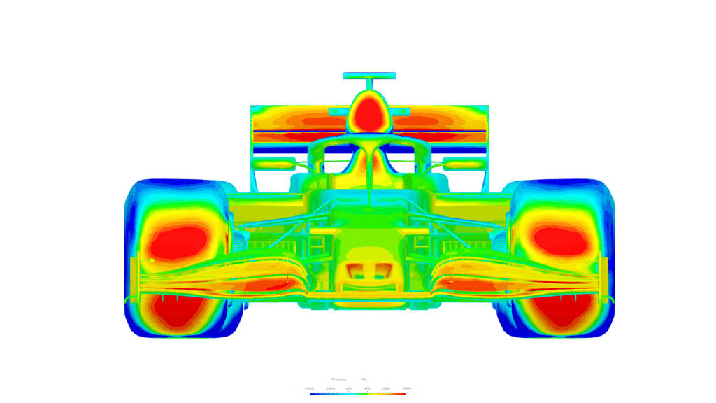 CFD image in SimScale of the frontal pressure distribution on a single car