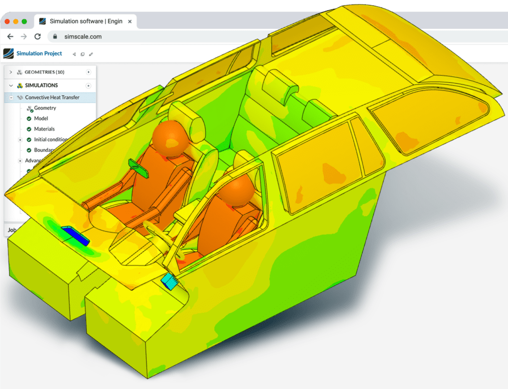 A SimScale simulation image of a car interior overlayed on a SimScale workbench in a web browser