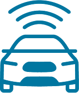 Icon showing a car with the connectivity sign above it signifying autonomous driving
