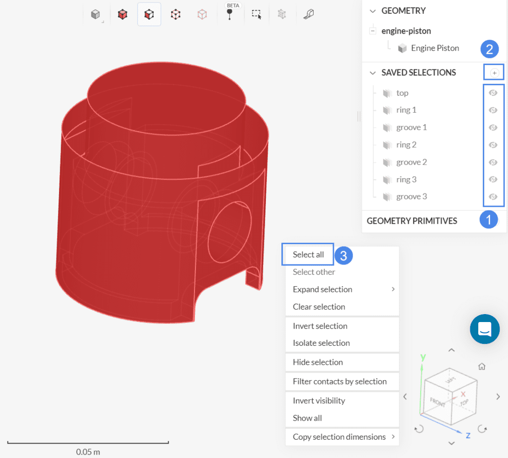 steps on how to create saved selections for thermomechanical analysis tutorial from hiding all the precreated saved selections, selecting the part and creating the selection for the interior and skirt of the piston