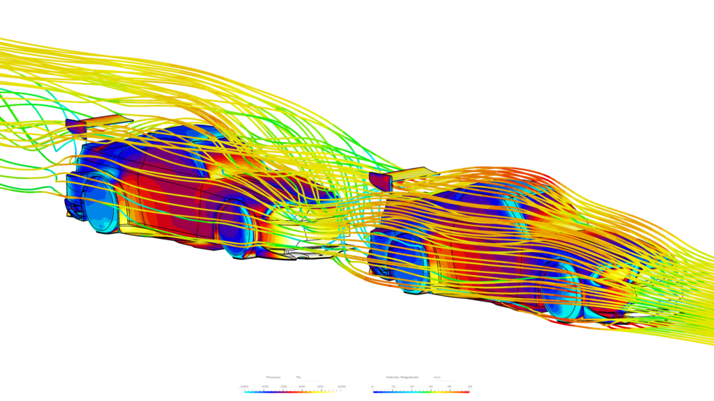 A CFD visualization in SimScale showing airflow streamlines around two Ford Mustangs cars