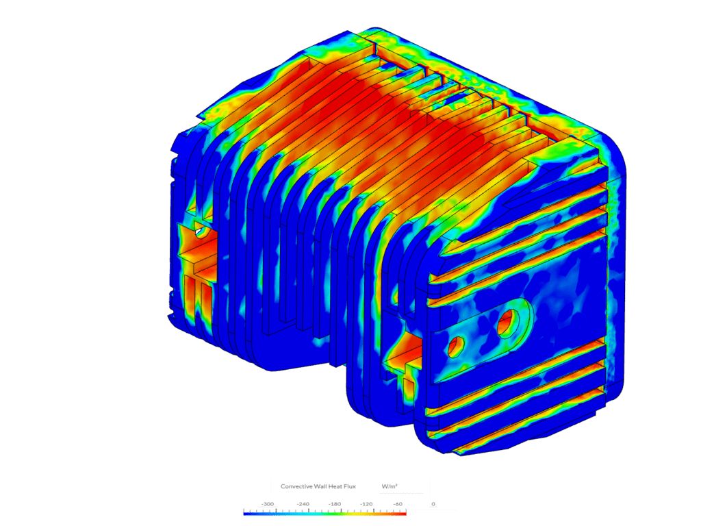 Simulation image of convective wall heat flux on an LED light part in SimScale
