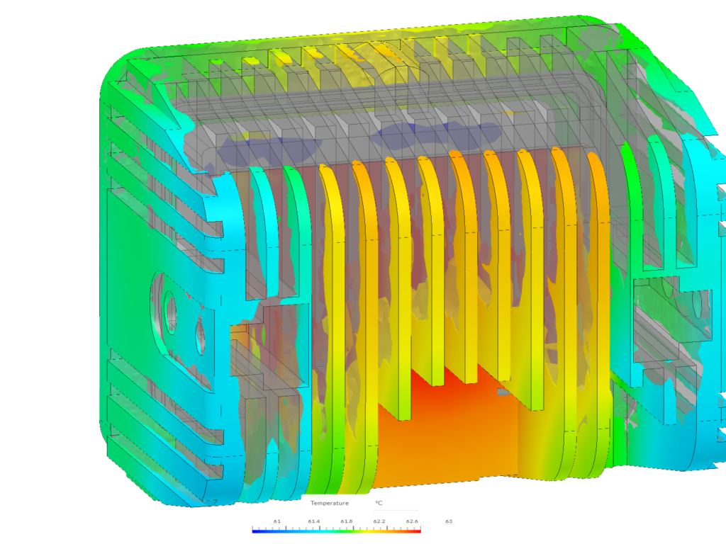 Simulation image showing areas of heat flux of -100 W/m2 and less in an LED light using isovolume in SimScale from the right side