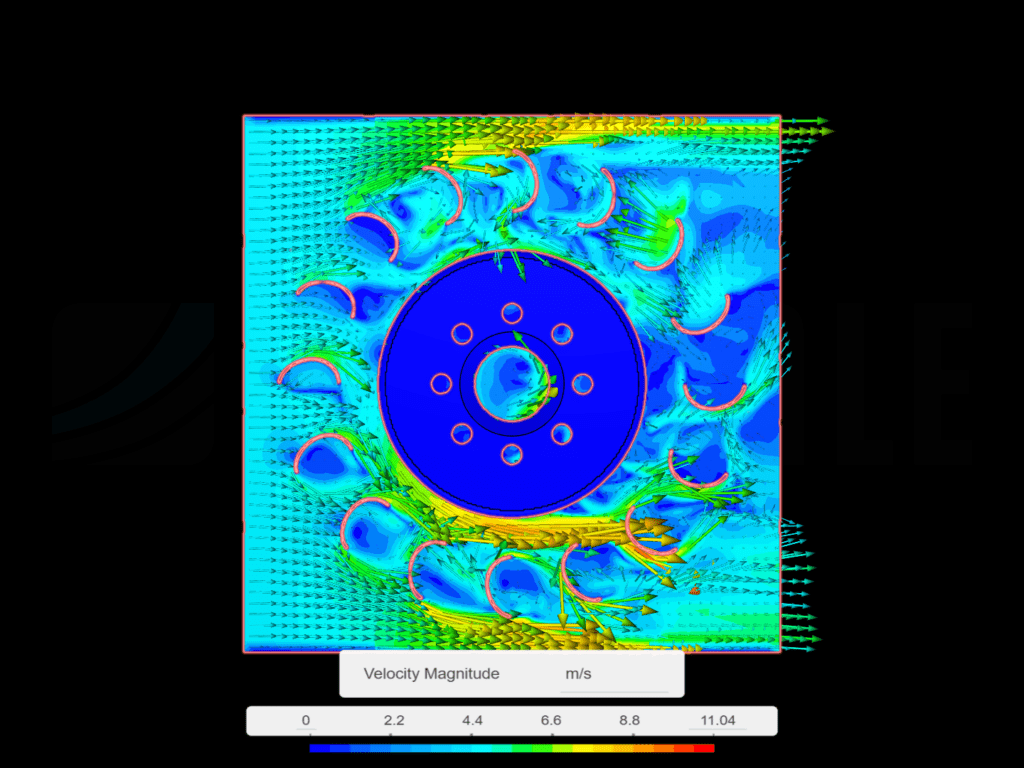 CFD simulation result showing velocity magnitude analysis across a Pelton turbine in SimScale