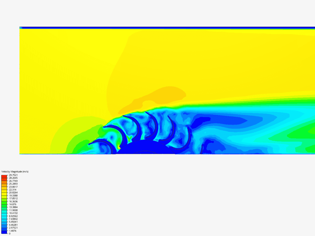 SimScale simulation result of a Pelton turbine showing that change in velocity magnitude of water around the turbine's buckets