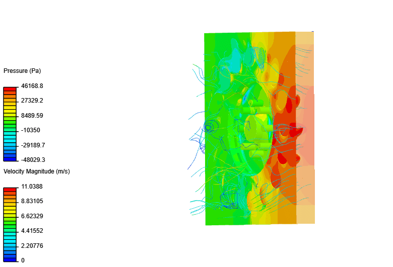 Simulation results in SimScale showing pressure distribution and velocity magnitude analysis of a Pelton turbine
