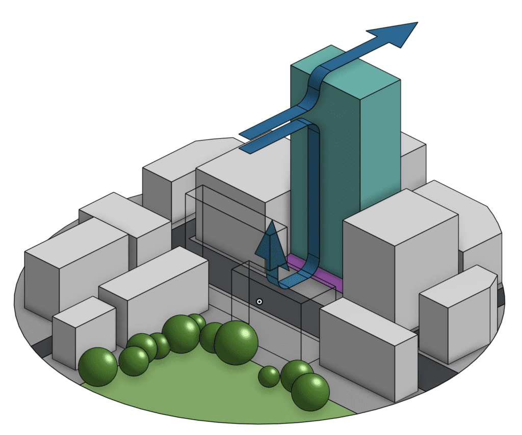 3D schematic of a modified building design layout with street-level structures
