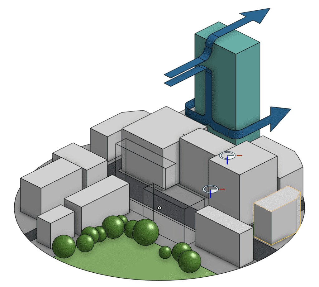 3D schematic of a modified building design layout with urban planning considerations