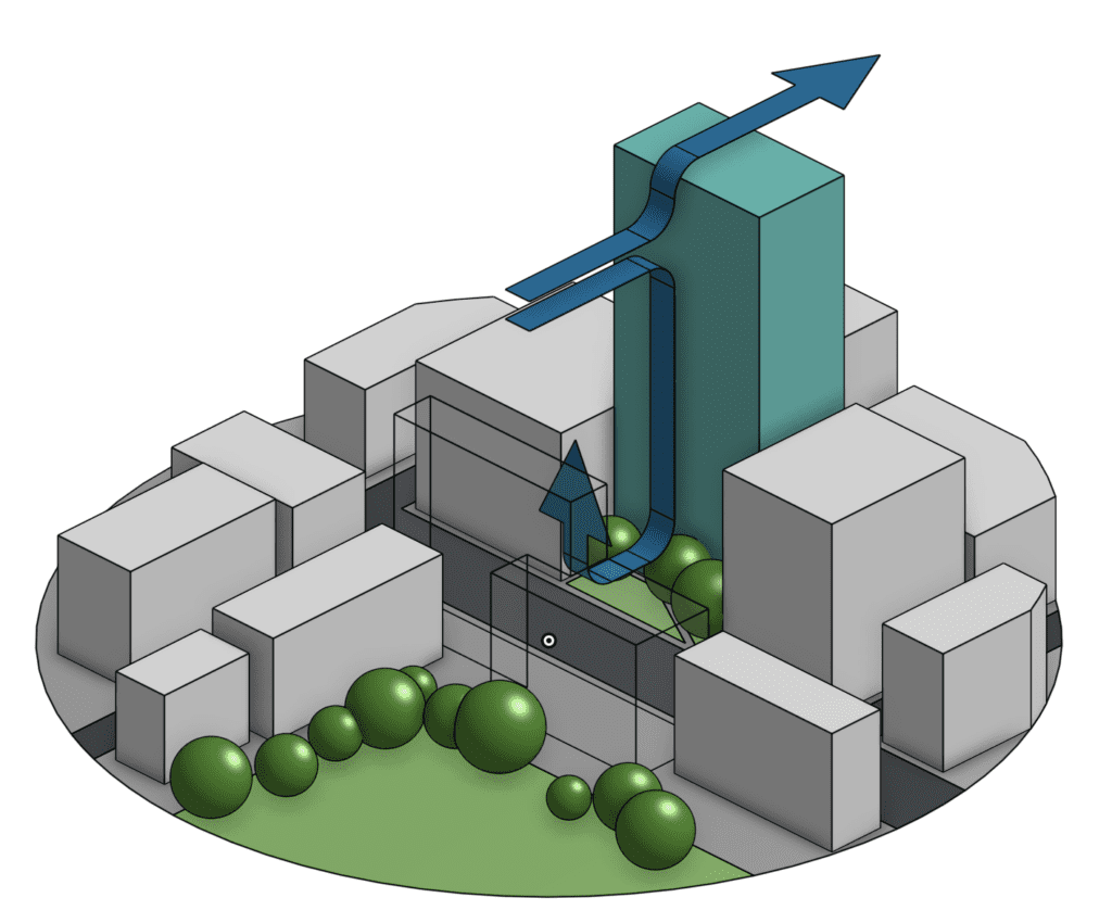 3D schematic of a modified building design layout with landscaping