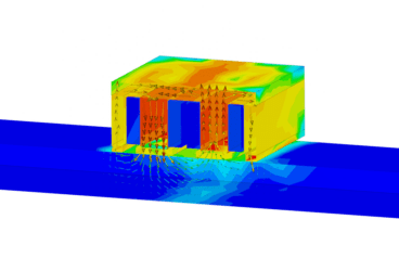 A magnetic flux density visualization of a magnetic lifting machine simulated in SimScale